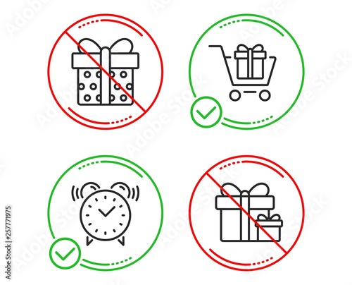 Do or Stop. Shopping cart, Gift box and Alarm clock icons simple set. Surprise package sign. Gift box, Present package, Time. Present boxes. Line shopping cart do icon. Prohibited ban stop. Vector