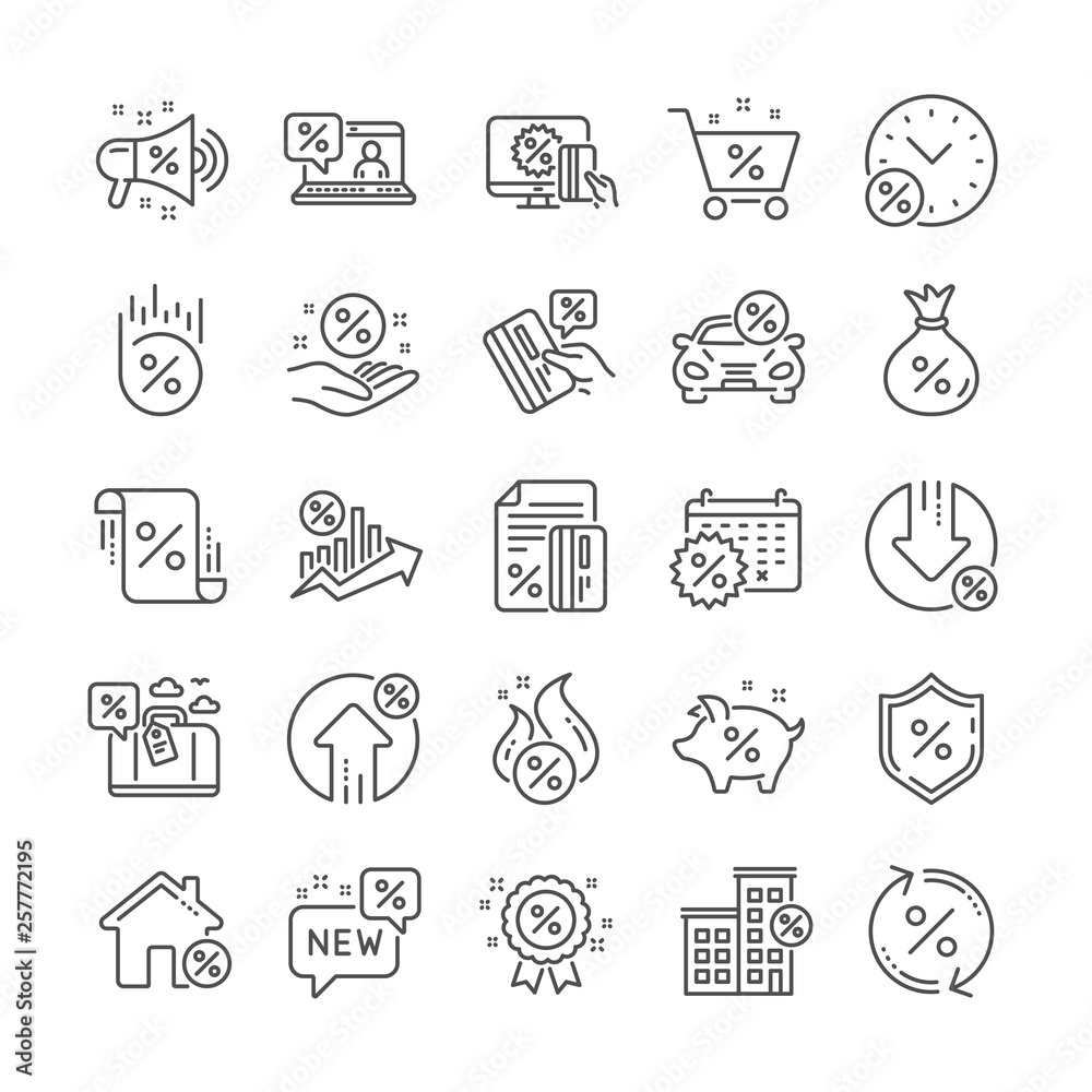 Loan line icons. Set of Interest rate, Investment and Percentage diagram linear icons. Car leasing, analytics plan, Credit card percent and loan rate. Bank mortgage, leasing, interest graph. Vector