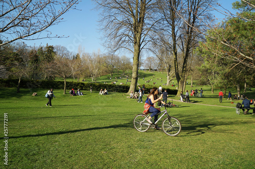 Toronto, Canada - 05 09 2018: Torontonians relaxing and having fun in High Park Toronto which attracts many visitors in spring to celebrate nature awakening