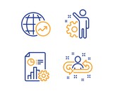 World statistics, Report and Employee icons simple set. Recruitment sign. Global report, Presentation document, Cogwheel. Manager change. Linear world statistics icon. Colorful design set. Vector