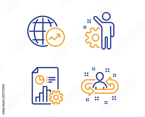World statistics, Report and Employee icons simple set. Recruitment sign. Global report, Presentation document, Cogwheel. Manager change. Linear world statistics icon. Colorful design set. Vector