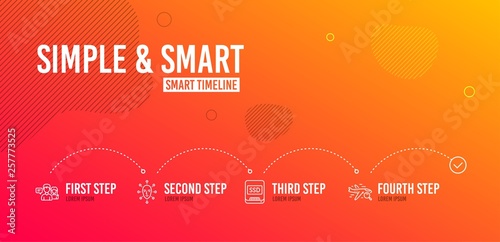 Infographic timeline. Ssd, People talking and Face biometrics icons simple set. Search flight sign. Memory disk, Contact service, Facial recognition. Find travel. 4 steps layout. Line ssd icon. Vector
