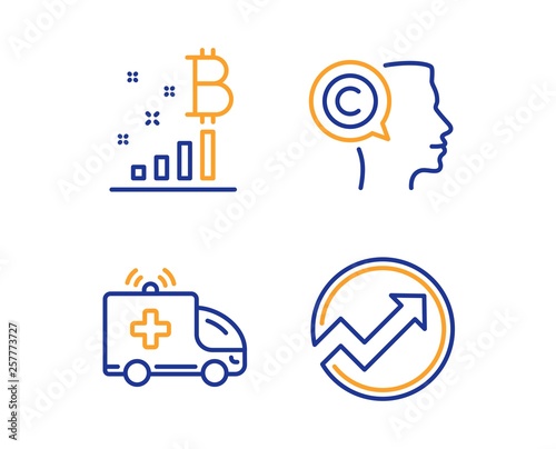 Writer, Bitcoin graph and Ambulance car icons simple set. Audit sign. Copyrighter, Cryptocurrency analytics, Emergency transport. Arrow graph. Science set. Linear writer icon. Colorful design set