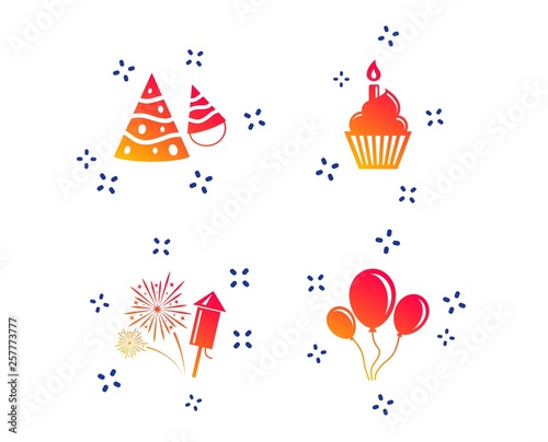 Birthday party icons. Cake, balloon, hat and muffin signs. Fireworks with rocket symbol. Cupcake with candle. Random dynamic shapes. Gradient party icon. Vector © blankstock