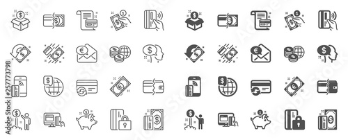 Money wallet line icons. Update credit card, Contactless payment and Piggy bank linear icons. Online payment, Dollar exchange and Fast money send. Private pay, Blocked credit card and Wallet. Vector