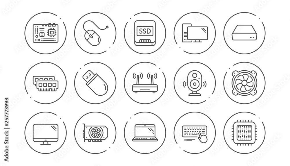 Computer device line icons. Motherboard, CPU and Laptop. SSD memory linear icon set. Line buttons with icon. Editable stroke. Vector Computer device line icons. Motherboard, CPU and Laptop. SSD memory linear icon set. Line buttons with icon. Editable stroke. Vector