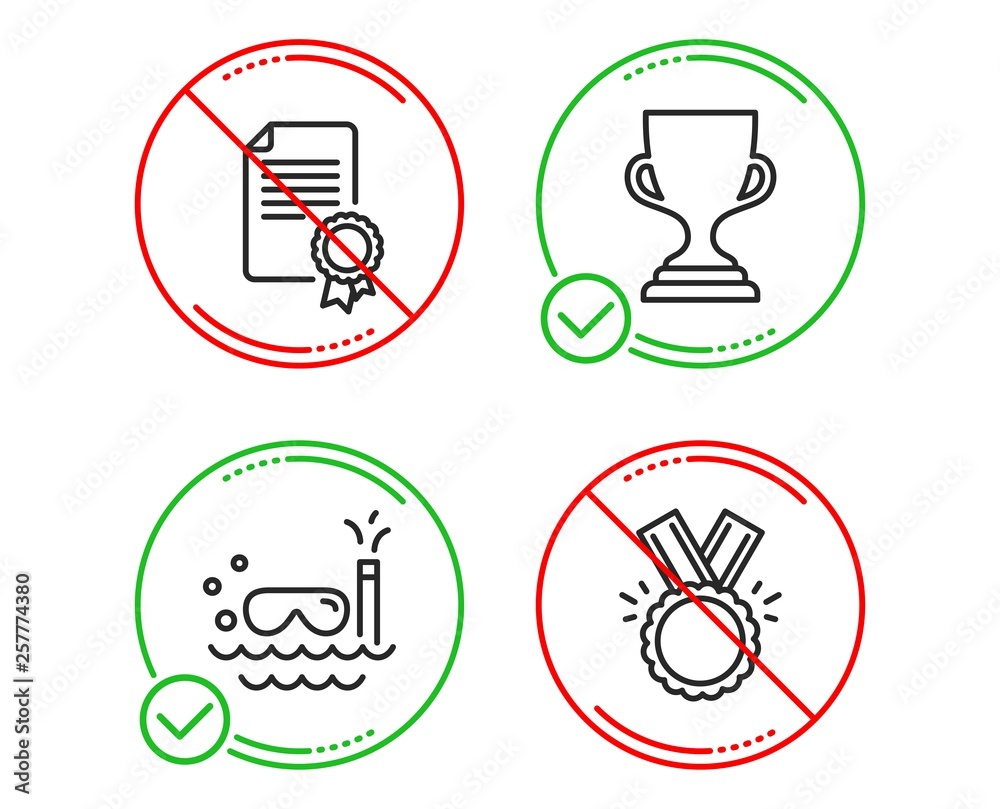 Do or Stop. Award cup, Scuba diving and Certificate icons simple set. Honor sign. Trophy, Trip swimming, Diploma. Medal. Sports set. Line award cup do icon. Prohibited ban stop. Good or bad. Vector Do or Stop. Award cup, Scuba diving and Certificate icons simple set. Honor sign. Trophy, Trip swimming, Diploma. Medal. Sports set. Line award cup do icon. Prohibited ban stop. Good or bad. Vector