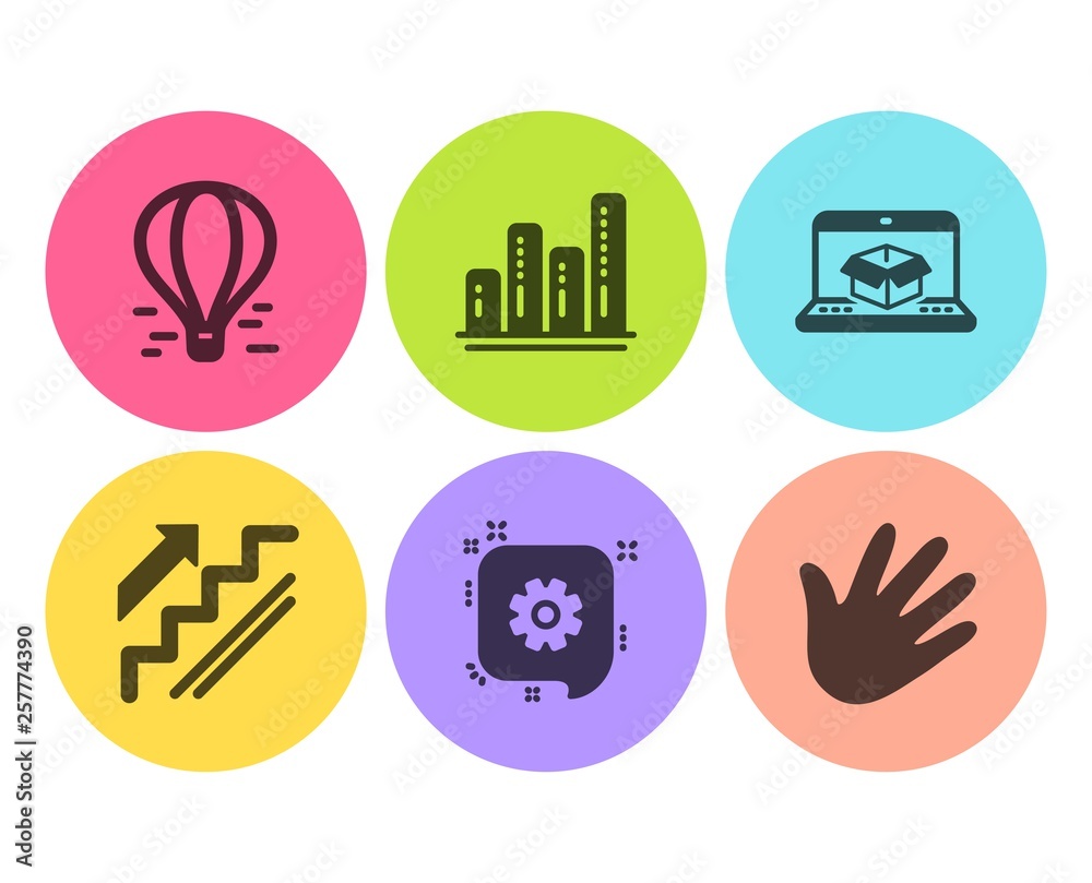 Cogwheel, Online delivery and Graph chart icons simple set. Air balloon, Stairs and Hand signs. Engineering, Parcel tracking website. Flat cogwheel icon. Circle button. Vector Cogwheel, Online delivery and Graph chart icons simple set. Air balloon, Stairs and Hand signs. Engineering, Parcel tracking website. Flat cogwheel icon. Circle button. Vector