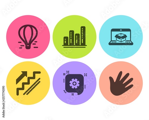 Cogwheel, Online delivery and Graph chart icons simple set. Air balloon, Stairs and Hand signs. Engineering, Parcel tracking website. Flat cogwheel icon. Circle button. Vector
