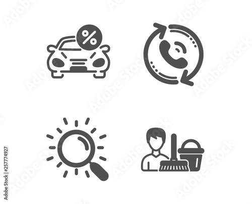 Set of Search, Car leasing and Call center icons. Cleaning service sign. Find document, Transport discount, Recall. Bucket with mop.  Classic design search icon. Flat design. Vector