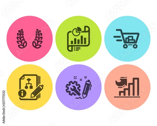 Report document, Shopping cart and Laurel wreath icons simple set. Algorithm, Engineering and Growth chart signs. Growth chart, Online buying. Flat report document icon. Circle button. Vector