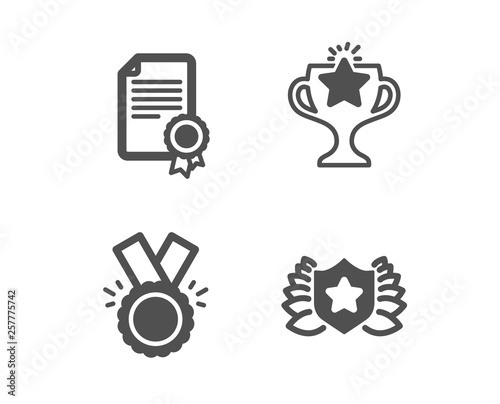 Set of Certificate, Victory and Honor icons. Laureate sign. Diploma, Championship prize, Medal. Award shield.  Classic design certificate icon. Flat design. Vector