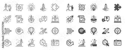 Startup line icons. Launch Project, Business report, Target icons. Strategy, Development plan, Startup space rocket. Air balloon, Out of the Box strategy and Business innovation report. Vector