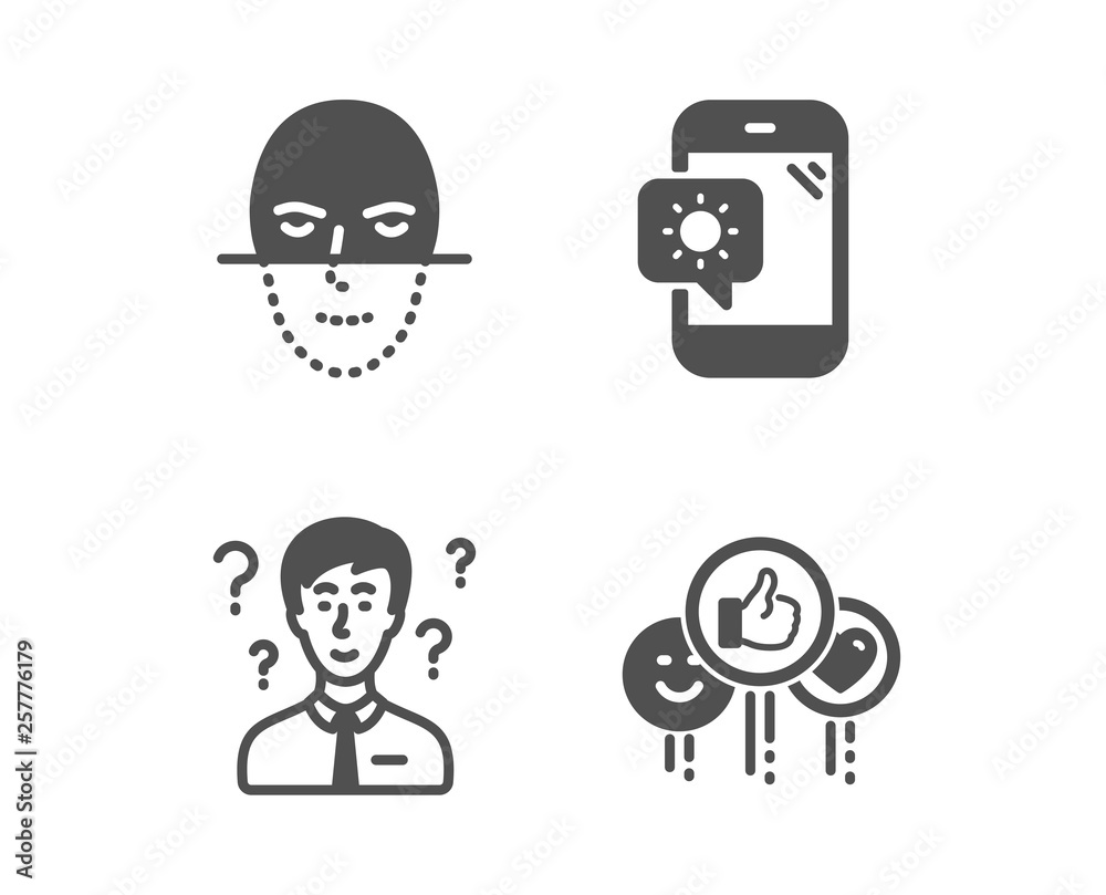 Set of Weather phone, Face recognition and Support consultant icons. Like sign. Travel device, Faces biometrics, Question mark. Social media likes.  Classic design weather phone icon. Flat design