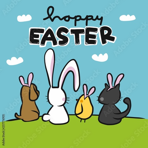 Happy Easter cute animal friends wear rabbit ear looking to sky cartoon vector illustration