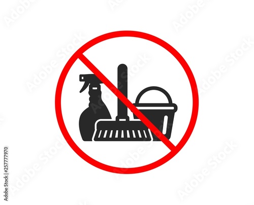 No or Stop. Cleaning service icon. Spray, bucket and mop symbol. Housekeeping equipment sign. Prohibited ban stop symbol. No household service icon. Vector