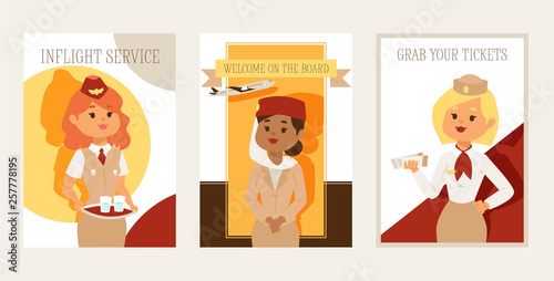 Stewardess vector flight crew beautiful woman character stewardess steward pilot and people traveling flying on airplane airliner in airport illustration backdrop banner design background