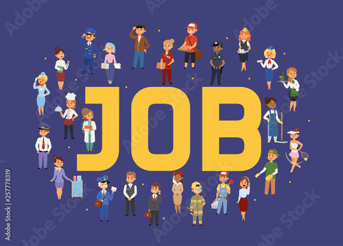 Job agency vector woman man character work doctor teacher waitress deliveryman stewardess illustration backdrop of professional occupation operator call centre banner background