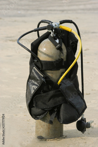 Close up of a scuba gerr set on a beach in Panama photo