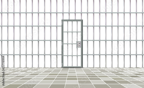 Realistic background prison iron interior. Gray door jail cells bars modern. Banner vector detailed illustration metal lattice. Detention centre metallic. Isolated way, freedom concept grid, jail
