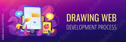 People drawing web page elements on the smartphone and LCD screen. Front end development it concept. Software development process. Violet palette. Header or footer banner template.