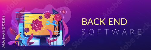 People configure the application on the big LCD screen with gears. Back end development it concept. Software development process. Violet palette. Back-end concept. Header or footer banner template.