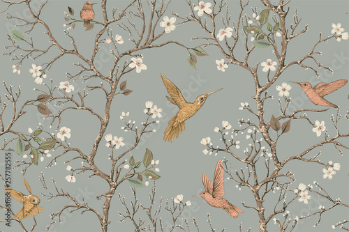 Plakat z ptakami i kwiatami w stylu retro