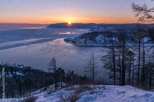 View of the source of the Angara at sunset