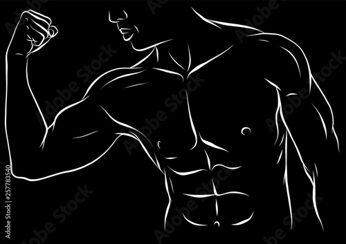 The man with the muscles. Sexy bearded, muscular jock in jeans. Posing bodybuilding.
