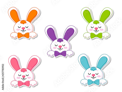 Happy Easter set Cute Cartoon Rabbit Sticker. Vector illustration decorative element on Easter Day