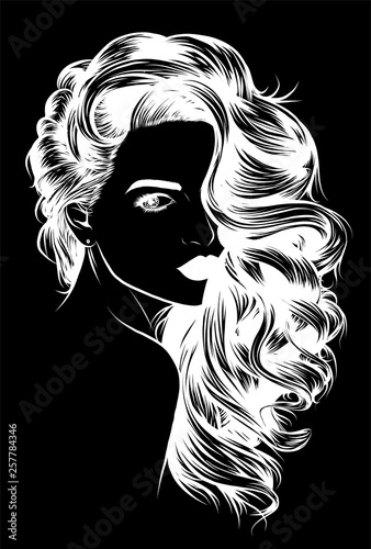 Attractive women, hand drown detailed vector illustration isolated on the black background