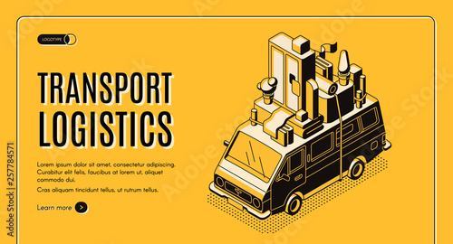 Transport logistics isometric vector web banner with wan transporting home furniture on roof line art illustration. House moving and relocation service, door-to-door removals company landing page