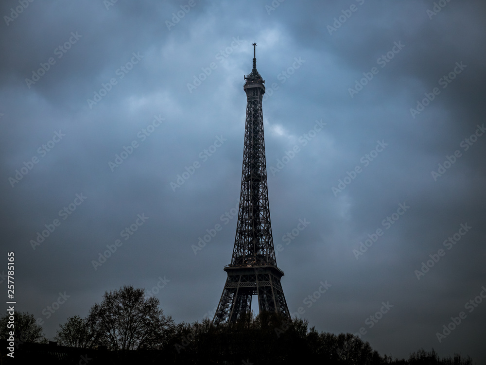Eiffel Tower with dramatic sky