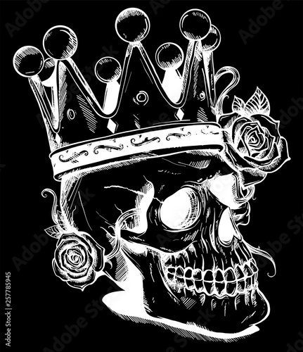 Beautiful romantic skull with crown and elegant wreath of flowers. Ink on aged card vintage background. Tattoo vintage design element.