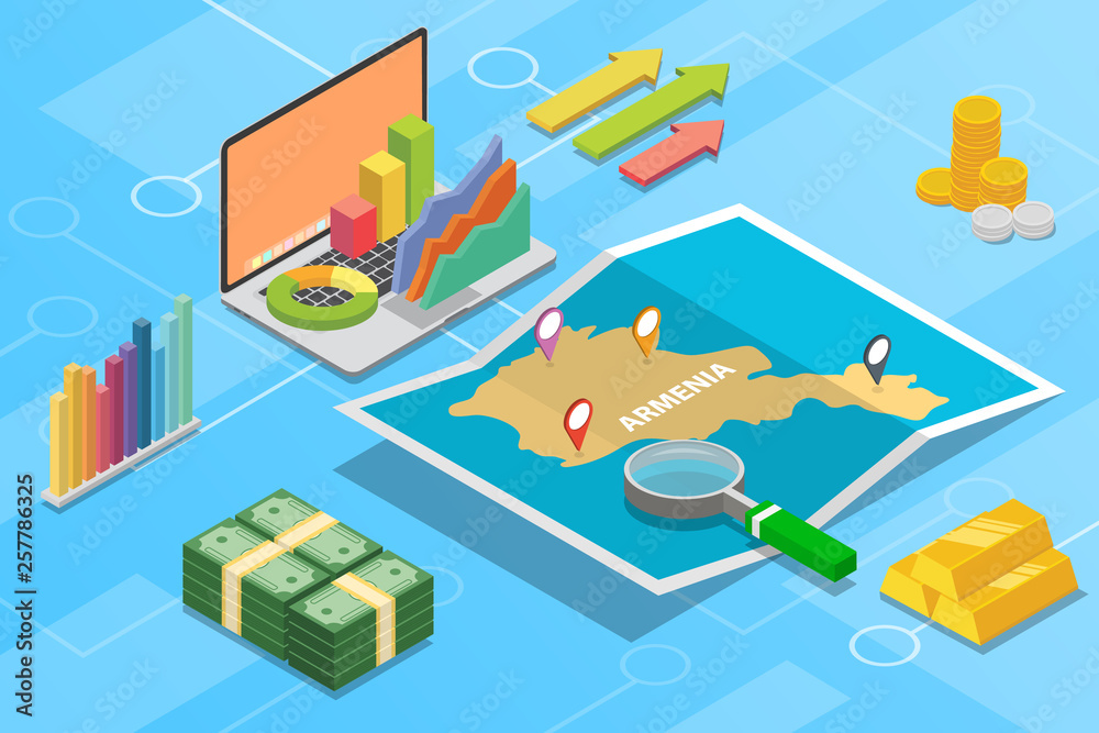 republic of armenia isometric business economy growth country with map and finance condition - vector illustration republic of armenia isometric business economy growth country with map and finance condition - vector illustration