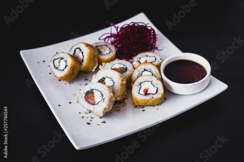 Hot panko sushi roll with soy sauce