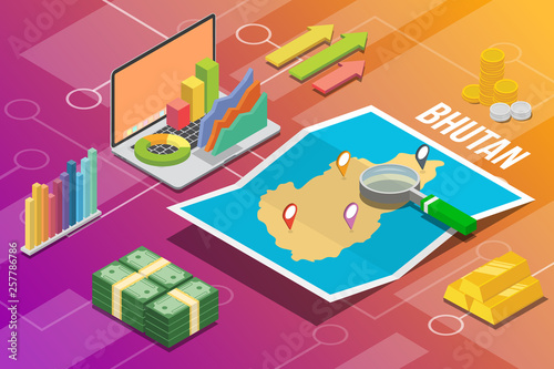 kingdom of bhutan isometric business economy growth country with map and finance condition - vector illustration