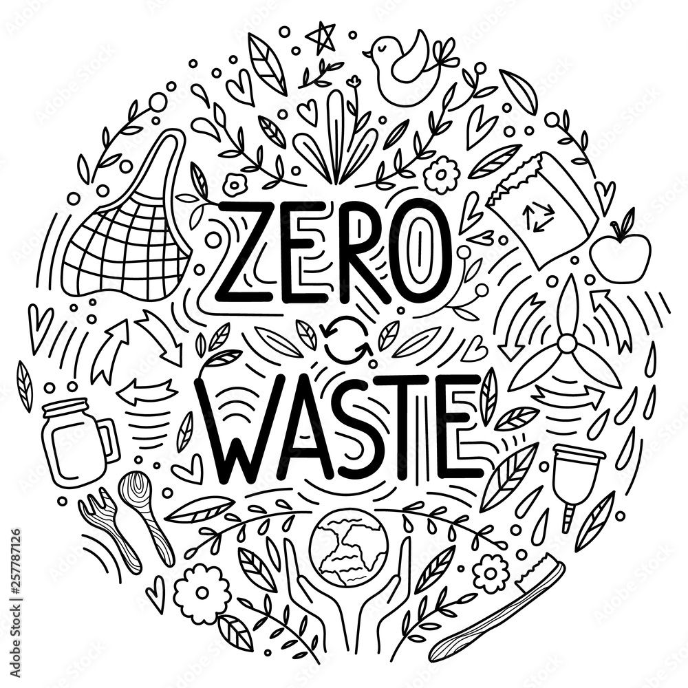 Zero waste concept, recycle and reuse, reduce - ecological lifestyle, set with lettering