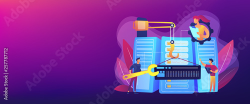 Engineers consolidating and structuring data in the center. Big data engineering, massive data operation, big data architecture concept. Header or footer banner template with copy space.