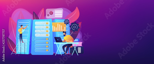 Data scientist, data analytics manager, database developer and administrator working. Big data job, database developers, careers in big data concept. Header or footer banner template with copy space.