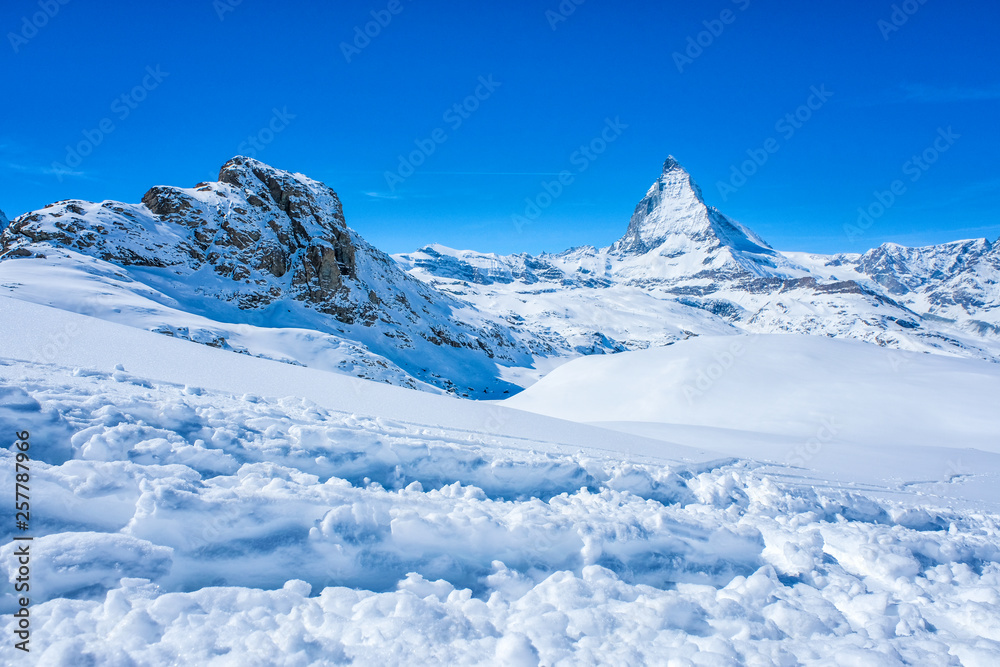 Panoramic beautiful view of snow mountain Matterhorn peak, Zermatt, Switzerland.
