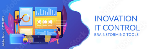 Business analysts performing idea management on computer screen. Innovation management software, brainstorming tools, inovation IT control concept. Header or footer banner template with copy space.