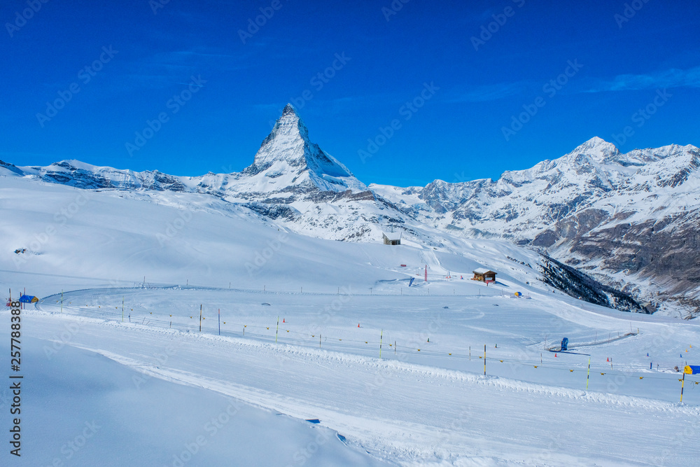Beautiful view of the Matterhorn Mountain in winter, Zermatt, Switzerland.