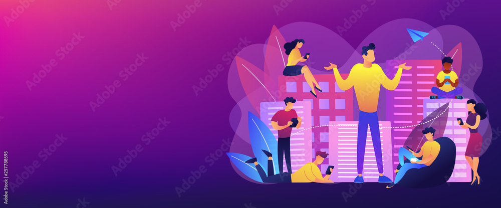 People in the city overusing mobile devices and a man feeling alone. Smartphone addiction, digital disorder, mobile device addiction concept. Header or footer banner template with copy space.