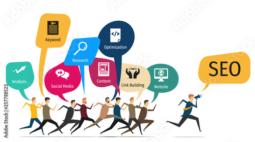 SEO search engine optimization banner web icon for business and marketing, traffic, ranking, optimization, link and keyword. Minimal vector infographic.