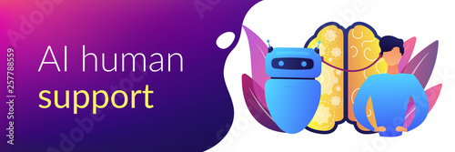 Modern robot intelligence and human brain connected. Augmented intelligence, human intelligence enhance, AI human support concept. Header or footer banner template with copy space.