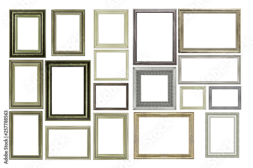 Set of Vintage silver and wood picture frame, isolated on white