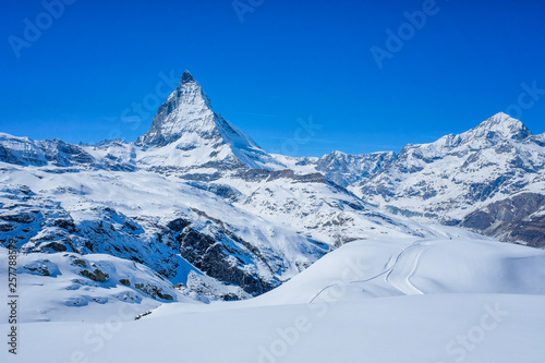Beautiful paoramic view of the Matterhorn Mountain in winter, Zermatt, Switzerland.