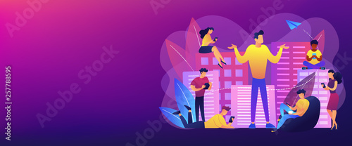 People in the city overusing mobile devices and a man feeling alone. Smartphone addiction, digital disorder, mobile device addiction concept. Header or footer banner template with copy space. © Visual Generation