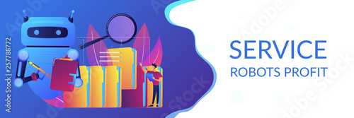 Robot doing repeatable tasks with folders and magnifier. Robotic process automation, service robots profit, automated processing concept. Header or footer banner template with copy space.